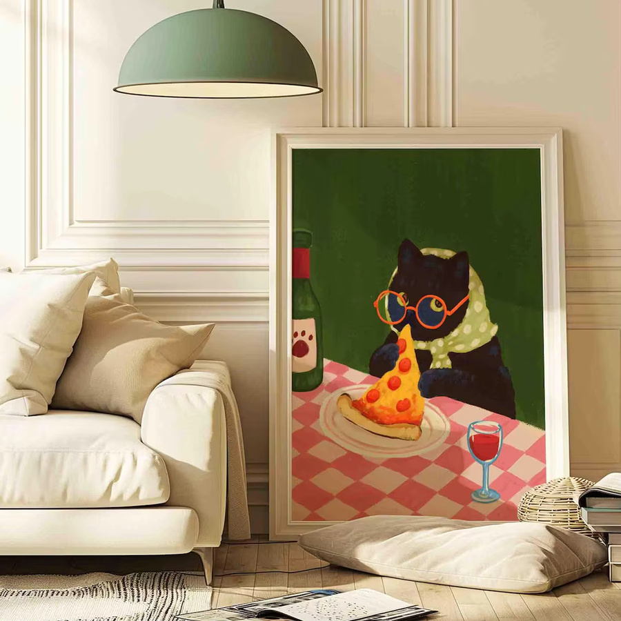 Cozy Diner Cat Wandkunst von SHENCHEN – Retro Paper Poster mit Katzenmotiv in Pink und Grün - Bild 3