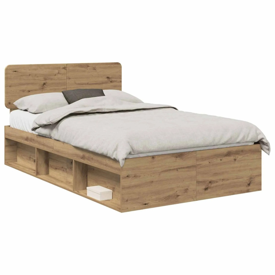 vidaXL Bettrahmen mit Kopfteil in Eiche Optik und Braun, modernes Design aus Kiefernholz und Holzwerkstoff, B/T/H: 120 x 200 x 90 cm - Bild 2