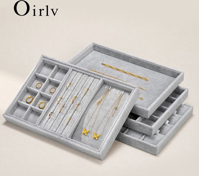 Oirlv Schmucktablett aus weichem Samt in Grau, stapelbares Schmuck-Display und Organizer für Ringe, Ohrringe und Halsketten - Bild 1