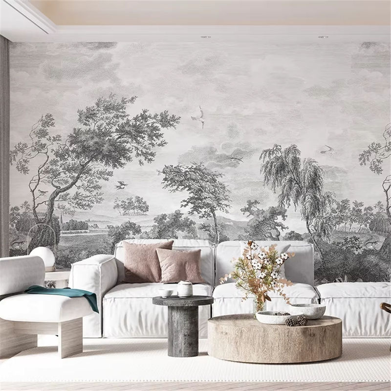 Vintage Waldbäume Tapete in Grau für Wohnzimmer und Schlafzimmer als Wandbild - Bild 3