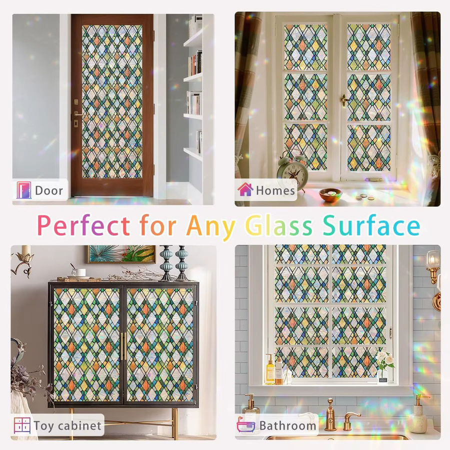 WXSHSH Gitter-Buntglas-Fensterfolie in Regenbogenfarben, statisch haftende dekorative Fensterfolie mit geometrischem Design für Privatsphäre an Fenstern und Türen - Bild 3