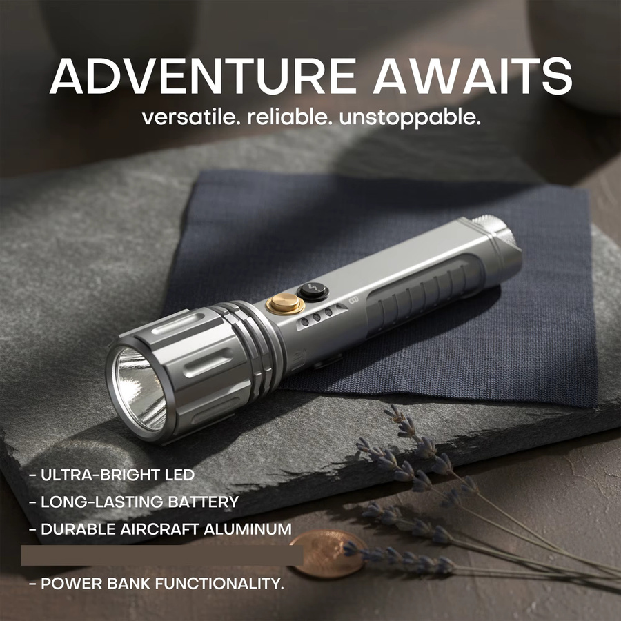PASIION Wiederaufladbare LED-Taschenlampe aus Aluminium in Silber mit Powerbank-Funktion für Notfälle und Camping - Bild 5