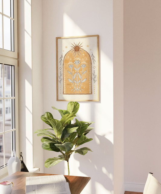 SHENCHEN Boho Kunstposter Sonne mit floraler Illustration in Gelb und Orange - Bild 1