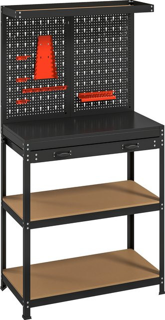 HOMCOM Werkbank aus Metall mit Lochwand, Haken, Schublade und 2 Ablagen, Arbeitstisch in Schwarz, B/T/H: 80 x 40,5 x 155 cm, 240 kg Tragkraft - Bild 1