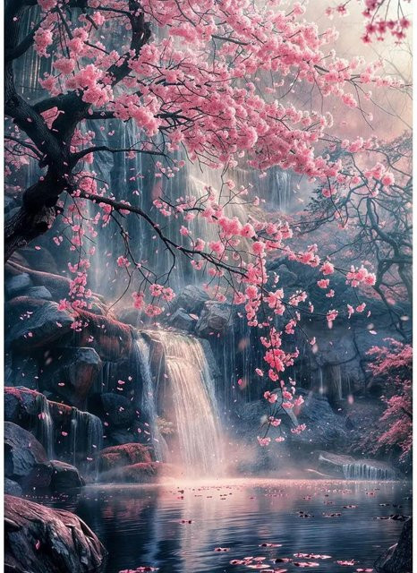 Leibert Art Decoration Painting Japanische Kirschblüten am Fuji Poster in Hellrosa, Leinwandgemälde Wandbild, Breite: 40 cm, Höhe: 60 cm - Bild 1