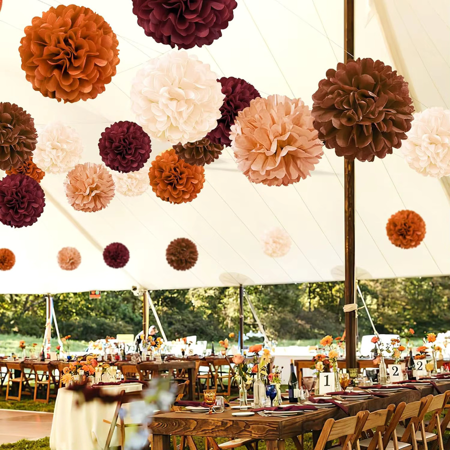 20 Stück Seidenpapier-Pompons als hängende Papierblumenkugeln in Burgunderrot, Orange und Braun für deine Party-Dekoration - Bild 2