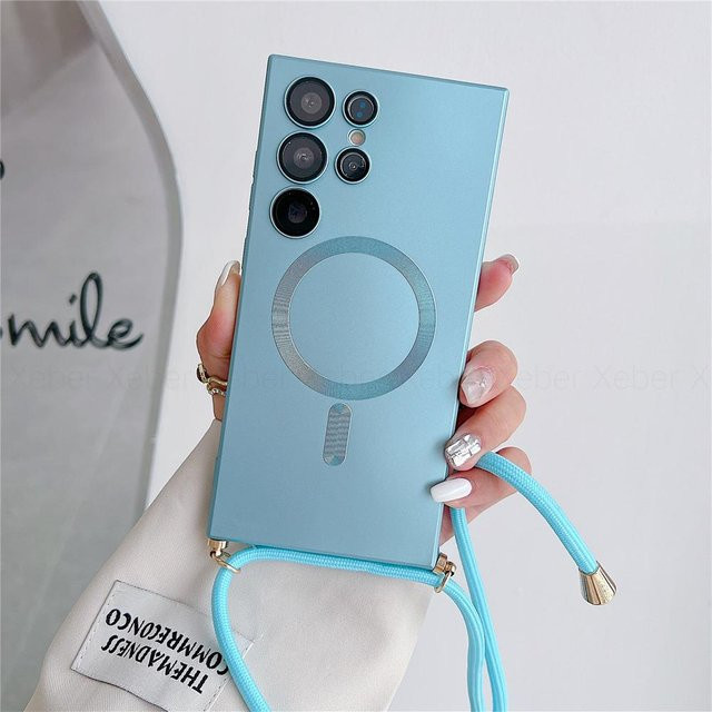 YULIN Lanyard Umhängekette mit magnetischer Ladehülle und Strap für Samsung Galaxy S24 S23 S22 S21 S20 Ultra Plus Note 20 in Matt, Schwarz oder Blau - Bild 1