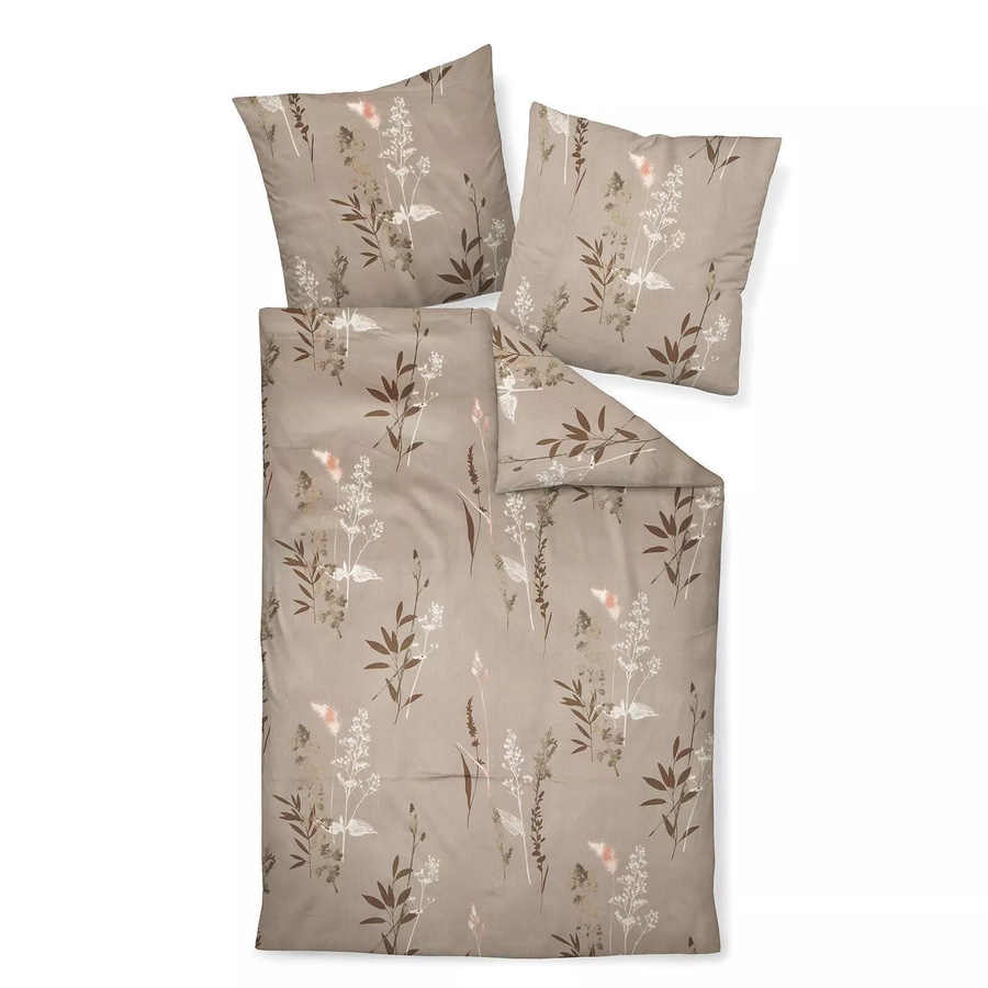 Janine Moments Mako-Satin Bettwäsche mit floralem Gräser und Blätter Muster in Braun und Beige, B/H: 155 x 220 cm, Kissen: 80 x 80 cm - Bild 1