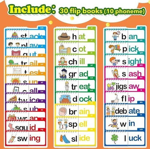 Wucifang Bags Montessori Lese-Flipbook Read Plus mit Reim- und Wortfamilien-Karteikarten sowie ABC-Vokabelkarten, Mehrfarbig - Bild 1