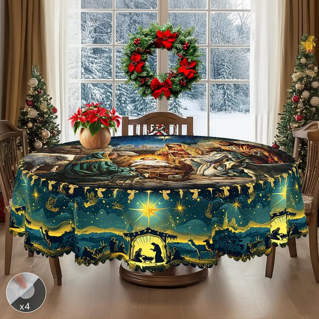 Beau Maison Weihnachts-Tischdecke im Vintage-Bauernhaus-Stil mit Weihnachtsmann, Rentier und Weihnachtsbaum, Mehrfarbig, Breite: 152 cm, Länge: 220 cm - Bild 1