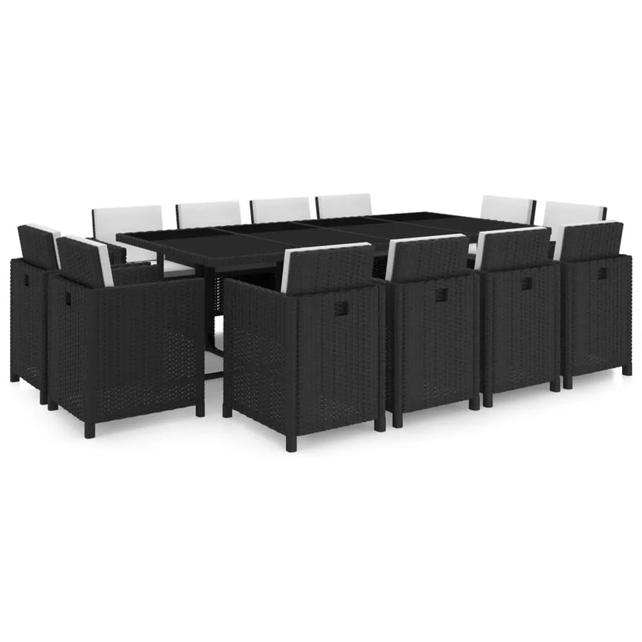 vidaXL 13-tlg Garten-Essgruppe aus Poly Rattan mit Glas-Tischplatte und Auflagen in Schwarz - Bild 2