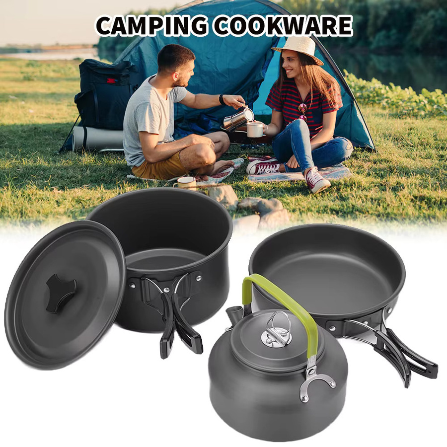 9-teiliges Camping-Kochgeschirr-Set von LONENESSL aus Aluminium mit Pfanne, Topf und Wasserkessel für Outdoor und Wandern - Bild 3