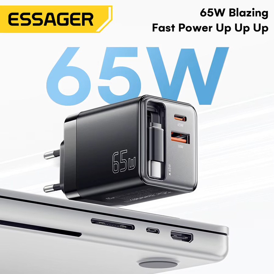 Essager 65 W GaN-Ladegerät mit einziehbarem USB-C-Kabel, PD-Schnellladung für Laptop, MacBook und iPhone, Schwarz - Bild 3
