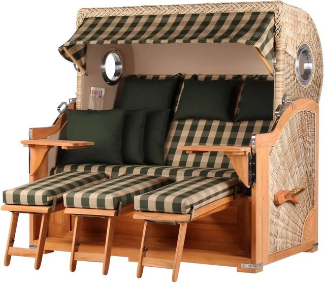 bene,iving Strandkorb Komplettset Königssee 3 Sitzer aus Teakholz mit PE Shell Modell 506, Braun/Mehrfarbig, inklusive Liftersystem, Schutzhülle, Doppelrollen und Glasbecherhalter - Bild 1