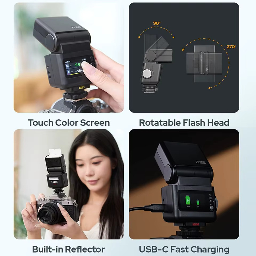 Godox IT32 IFlash Kamera-Aufsteckblitz mit TTL, HSS und Drehkopf in Schwarz inklusive kabellosem magnetischem TTL-Blitzauslöser - Bild 6