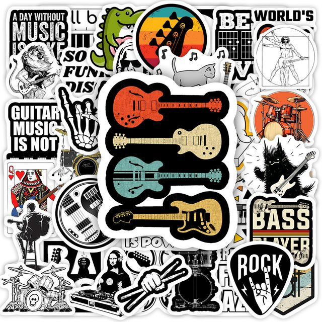 Wasserdichte Rock Band Aufkleber mit Musikmotiven wie Gitarre, Bass und Drum für Laptop, Flasche und Scrapbook in Multicolour - Bild 1