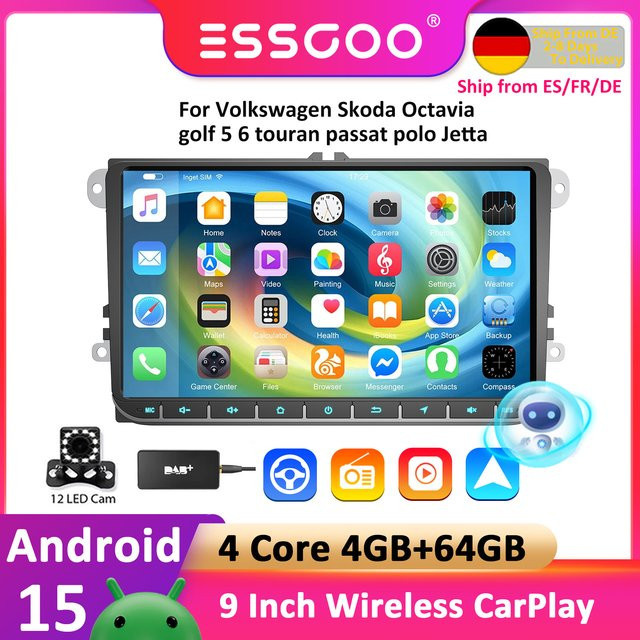 ESSGOO Android 15 CarPlay Autoradio mit 9 Zoll Display und GPS für Volkswagen VW Golf Passat JETTA Skoda SEAT, Schwarz - Bild 1