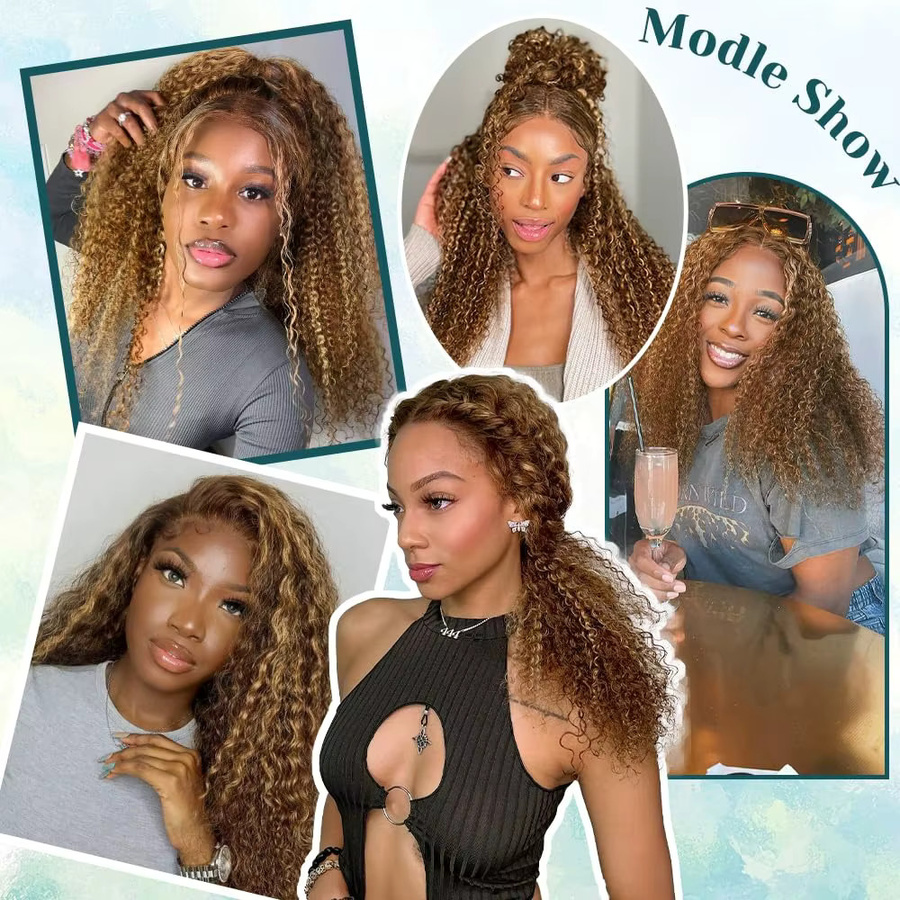 Honigblonde Ombre Lace Front Perücke, Echthaar, Deep Wave, Lockiges Haar - Bild 6