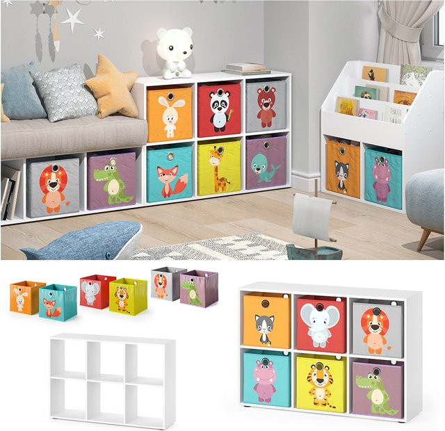 Vicco Raumteiler Regal in Weiß mit 6 Fächern und Kinder-Faltboxen als freistehendes Bücherregal - Bild 1