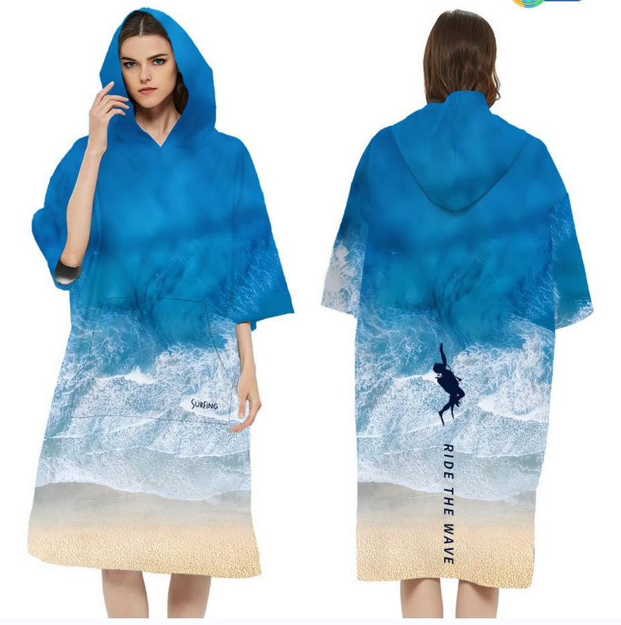 Doppelseitiges Samt Strandtuch mit Kapuze und Ärmeln in Blau, Schnelltrocknender Surfer Umhang mit Taschen, B/H: 110 x 74 cm - Bild 4