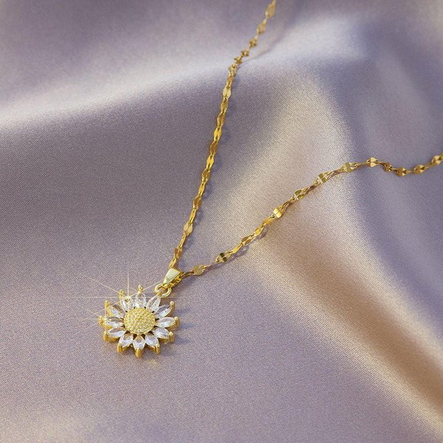 Halskette mit Sonnenblumen-Anhänger, Edelstahl, Gold, Zirkonia, Damen - Bild 1