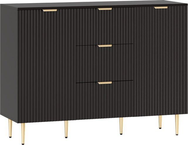 HOMCOM Sideboard in Schwarz mit 3 Schubladen und geriffelten Türen, verstellbare Einlegeböden und Metallfüßen, B/T/H: 120 x 40 x 90 cm - Bild 1
