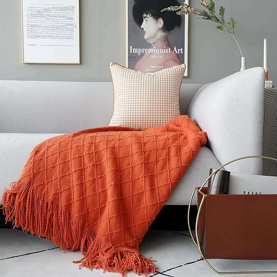 Inyahome Gestrickte Überwurfdecke mit Quasten in Orange, Grau und Blau, Kariertes Bettdeckendekor im Skandinavischen Stil, B/B/H: 172 x 127 x 1 cm - Bild 3