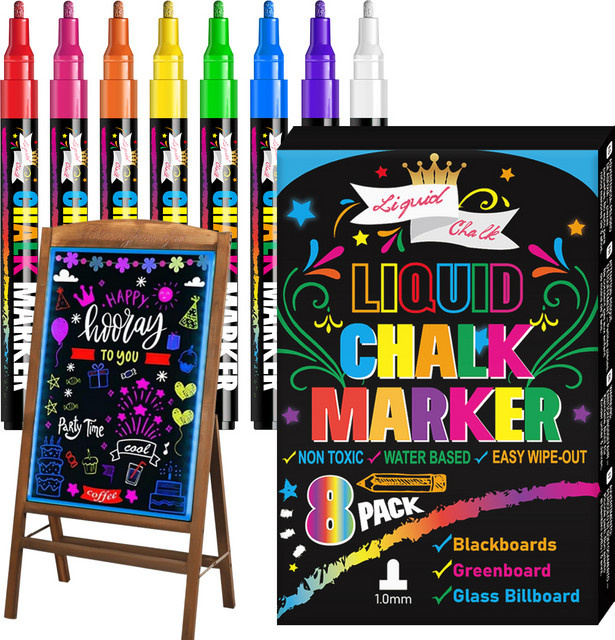 Kolorowys Jumbo-Flüssigkreide-Marker für Glas und Tafeln, 8 Farben, 3-in-1-Spitze mit 1 mm und 6 mm, waschbar, Mehrfarbig - Bild 1