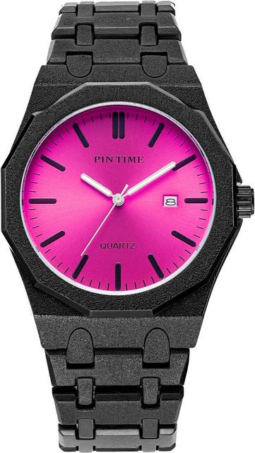 PINTIME Armbanduhr, Quarz, Edelstahl, 45 mm, Herren, Schwarz/Hellrosa - Bild 1