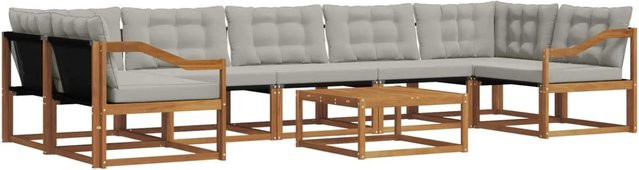 vidaXL Outdoor-Sofagarnitur 8-teilig aus Akazienholz und Textilene in L-Form mit Kissen, Farbe: Natur und Hellgrau - Bild 1