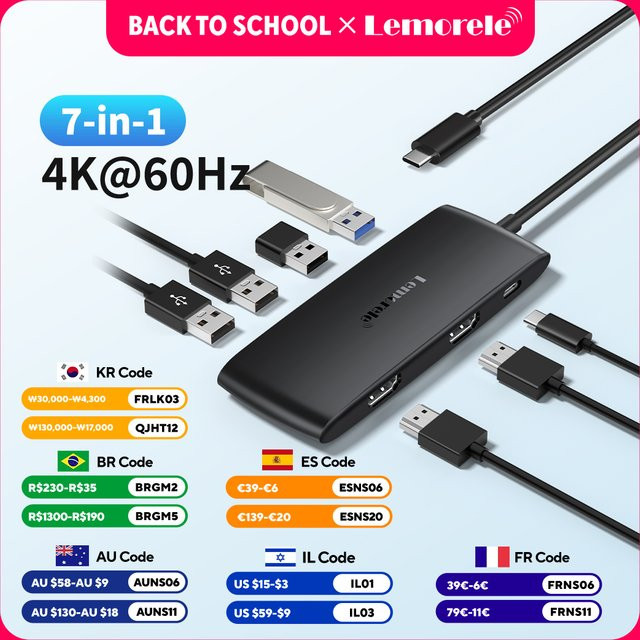 Lemorele USB-C Hub 10 Ports Dockingstation in Grau mit Dual HDMI 4K, VGA, USB 3.0, PD 100W und SD Kartenleser für MacBook - Bild 1