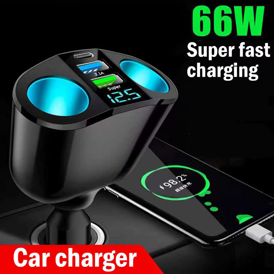 Auto Zigarettenanzünder Steckdose Splitter mit blauem Atmosphärelicht, PD und QC3.0 USB-C Ports für 12V-24V, Schwarz/Blau - Bild 2