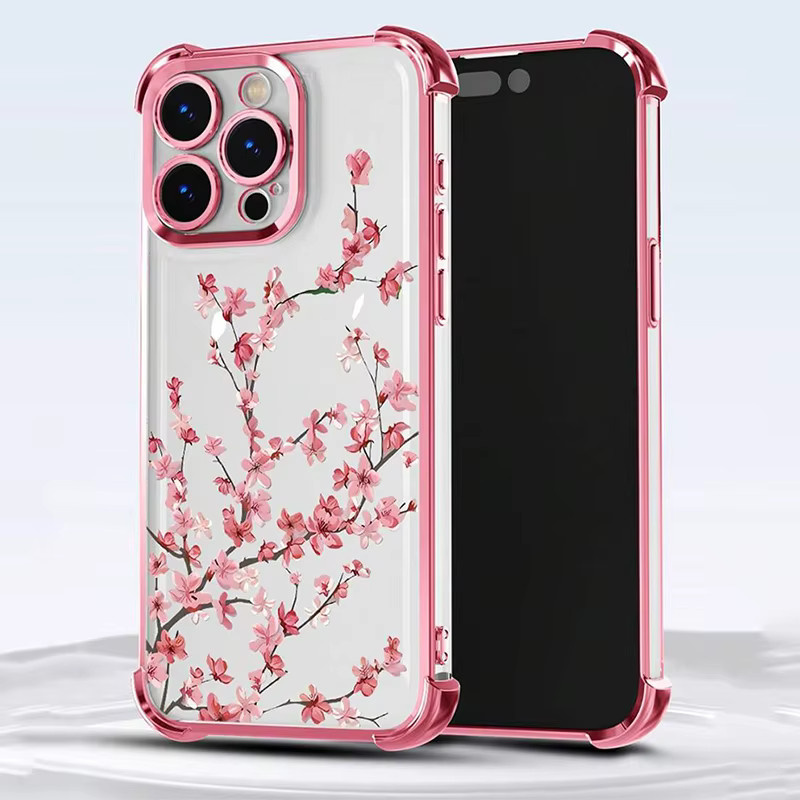 Transparente Handyhülle mit Pflaumenblüten-Design für Apple iPhone 17 bis iPhone 11 Pro Max Plus, silberfarben, weiche Anti-Fall Schutzhülle mit galvanisiertem Airbag - Bild 3