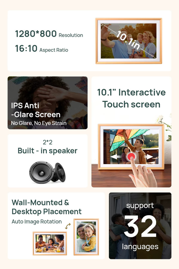 ARZOPA Digitaler Fotorahmen 10,1 Zoll mit WiFi und Touchscreen, 32 GB Speicher, IPS HD Display, Gold - Bild 2