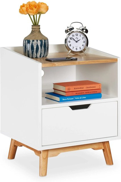 Relaxdays Nachttisch aus MDF Holz in Weiß mit einer Schublade und einem offenen Fach im skandinavischen Flair, B/T/H: 50 x 43 x 40 cm - Bild 1