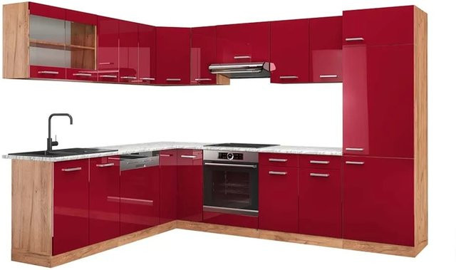 Vicco R-Line Eckküche Bordeaux Hochglanz und Goldkraft Eiche mit Marmor-Optik, B/T/H: 227 x 287 x 207 cm - Bild 1