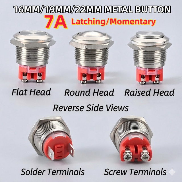 Drucktaster aus Metall mit LED-Licht, verriegelnd und selbsthaltend, Silber, mit Schraubanschluss zum Löten, 7A, für 6/12/24/110/230V - Bild 1