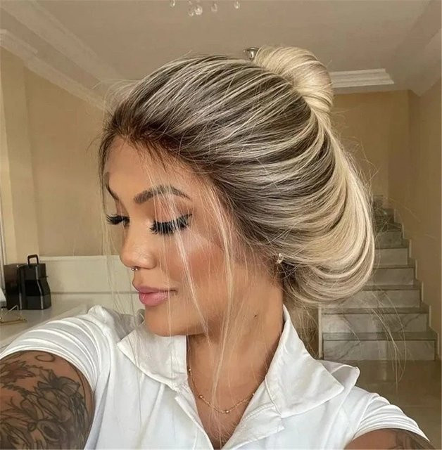WIHCDY Kunsthaarperücke, Platinblond Ombre, glatt, 13*4, Damen - Bild 1