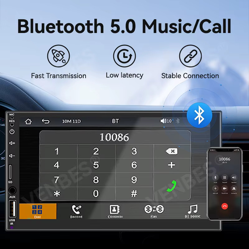 VENBES Universelles 1 DIN Autoradio mit 7 Zoll Touchscreen, Bluetooth, USB und Rückfahrkamera in Schwarz - Bild 4