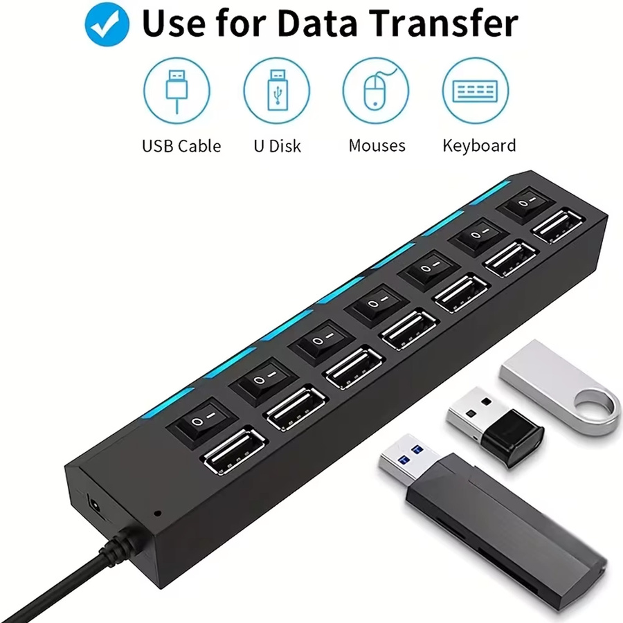 7-Port USB 2.0 Hub Schwarz mit unabhängiger LED Ein/Aus Funktion als USB-Verteiler für PC, MacBook und Laptop - Bild 2
