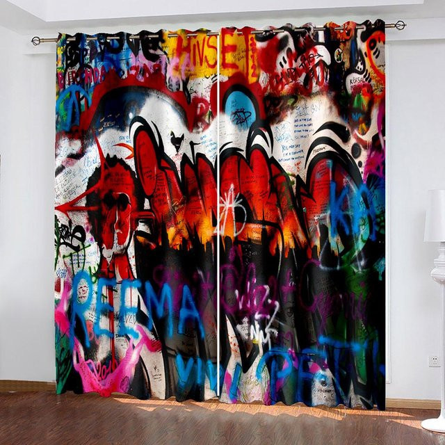 Graffiti Fenster Vorhänge mit Bass-Motiv für Jugendzimmer und Wohnbereich, 2er-Set, Mehrfarbig, B: 50 cm, H: 130 cm - Bild 1