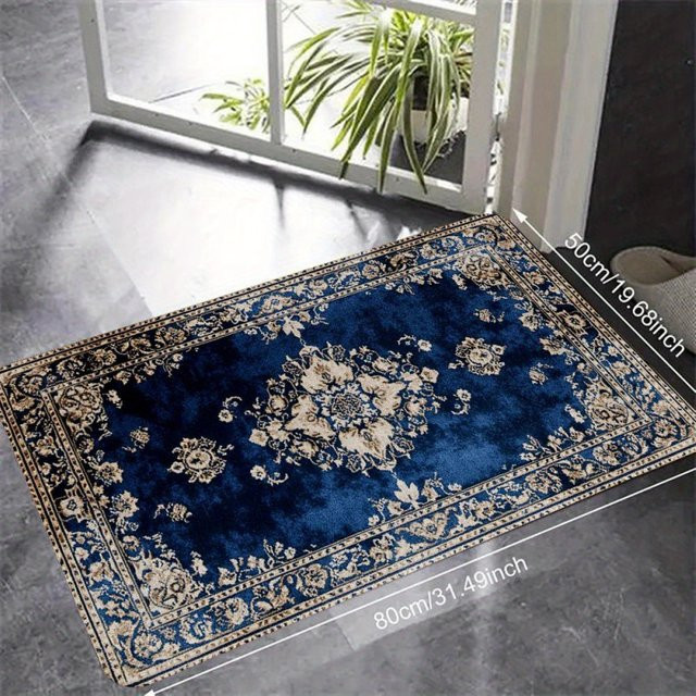 VIKAMA Bodenmatte im Vintage Bohemian Stil mit blauem Floral-Print, rutschfest und schmutzabweisend, B/T: 60 x 40 cm - Bild 1