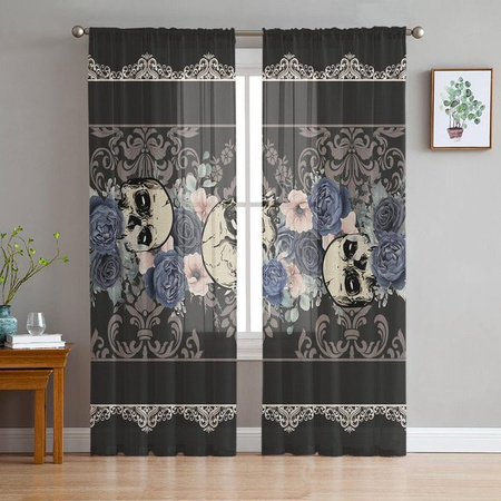 Super Six Halloween Voile-Fenstervorhänge mit Totenkopf-Blumen-Motiv, transparent, grau, B: 135 cm, H: 114 cm