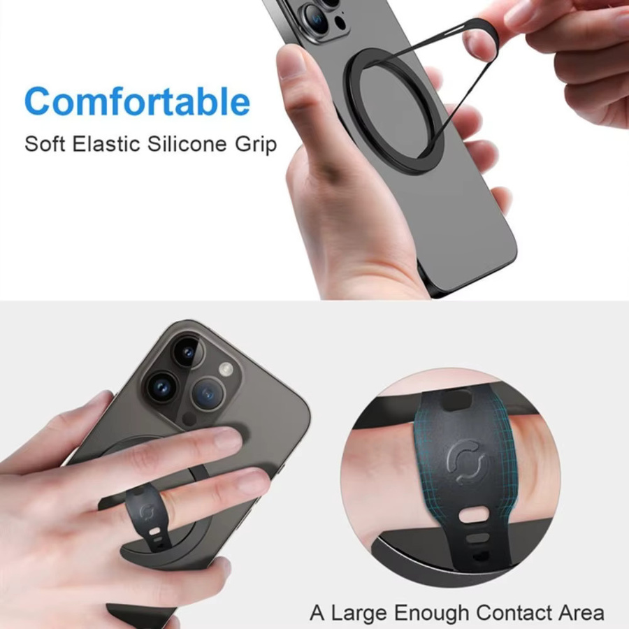 MIIQNUS Magnetischer Ring für MagSafe-Telefonhalter mit Silikon-Fingergurt und abnehmbarem Telefongriffständer für kabelloses Laden, Schwarz oder Silber - Bild 3
