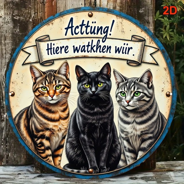Potdemiel Rundes Aluminiumschild Three Cats Vintage Metalldekoration mit Katzenmotiv, Durchmesser: 20,32 cm, Mehrfarbig - Bild 1
