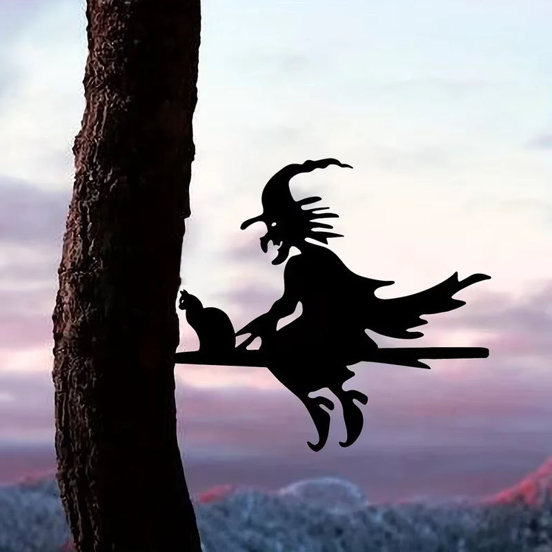 Halloween Metall Wandkunst Hexe und Katze auf Zweig als Silhouette Deko in Schwarz für Garten und Hof - Bild 5