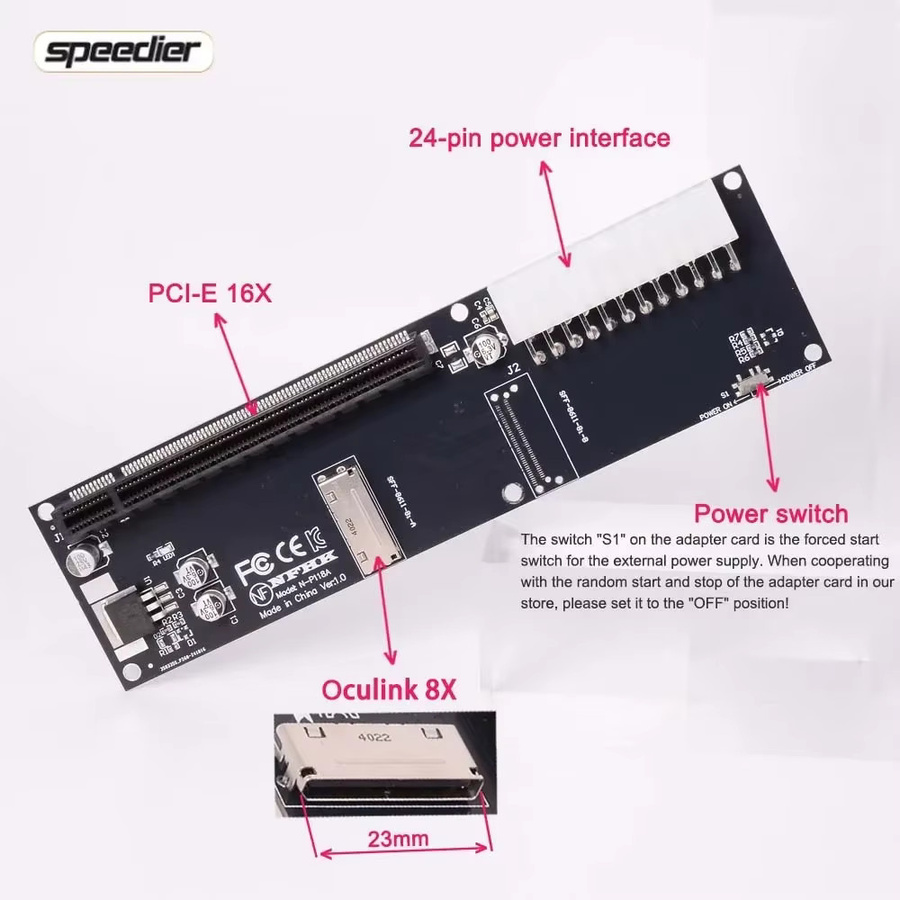 SPEEDIER OCuLink 8x SFF-8611 zu PCI Express 4.0 x16 eGPU Adapter mit ATX 24 Pin Anschluss, Schwarz - Bild 2