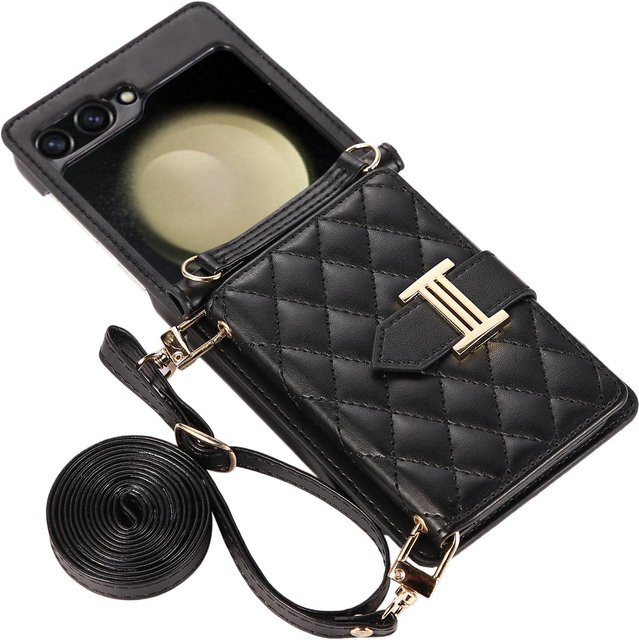 Samsung Galaxy Z Flip Crossbody Lederhülle mit Kartensteckplatz und Lanyard in Schwarz mit Diamantprägung - Bild 1