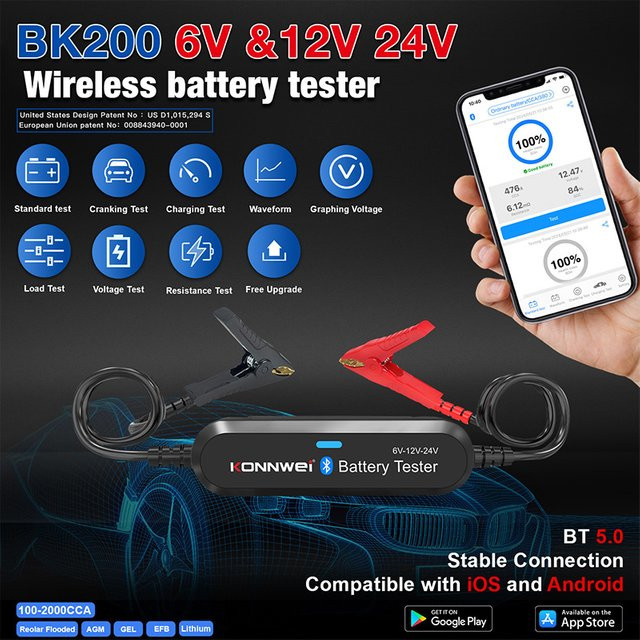 KONNWEi Bluetooth Autobatterietester zur Überwachung der Batteriespannung und zum Ladescan für 6V, 12V und 24V in Schwarz-Silber - Bild 1