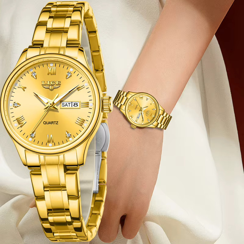 LIGE Armbanduhr, Quarz, Edelstahl, Gold, Bicolor, Damen, Datum, Wochentag - Bild 5